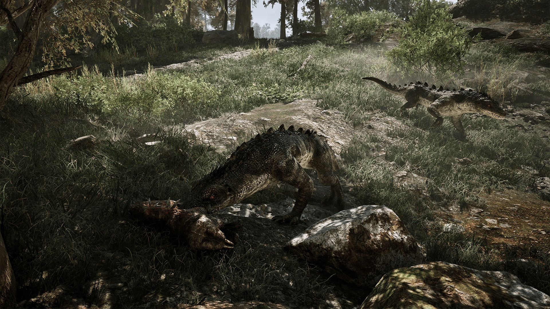 Gothic 1 Remake armor — reptilian beasts prowl a sunlit clearing, the kind of hits your armor resistances blunt