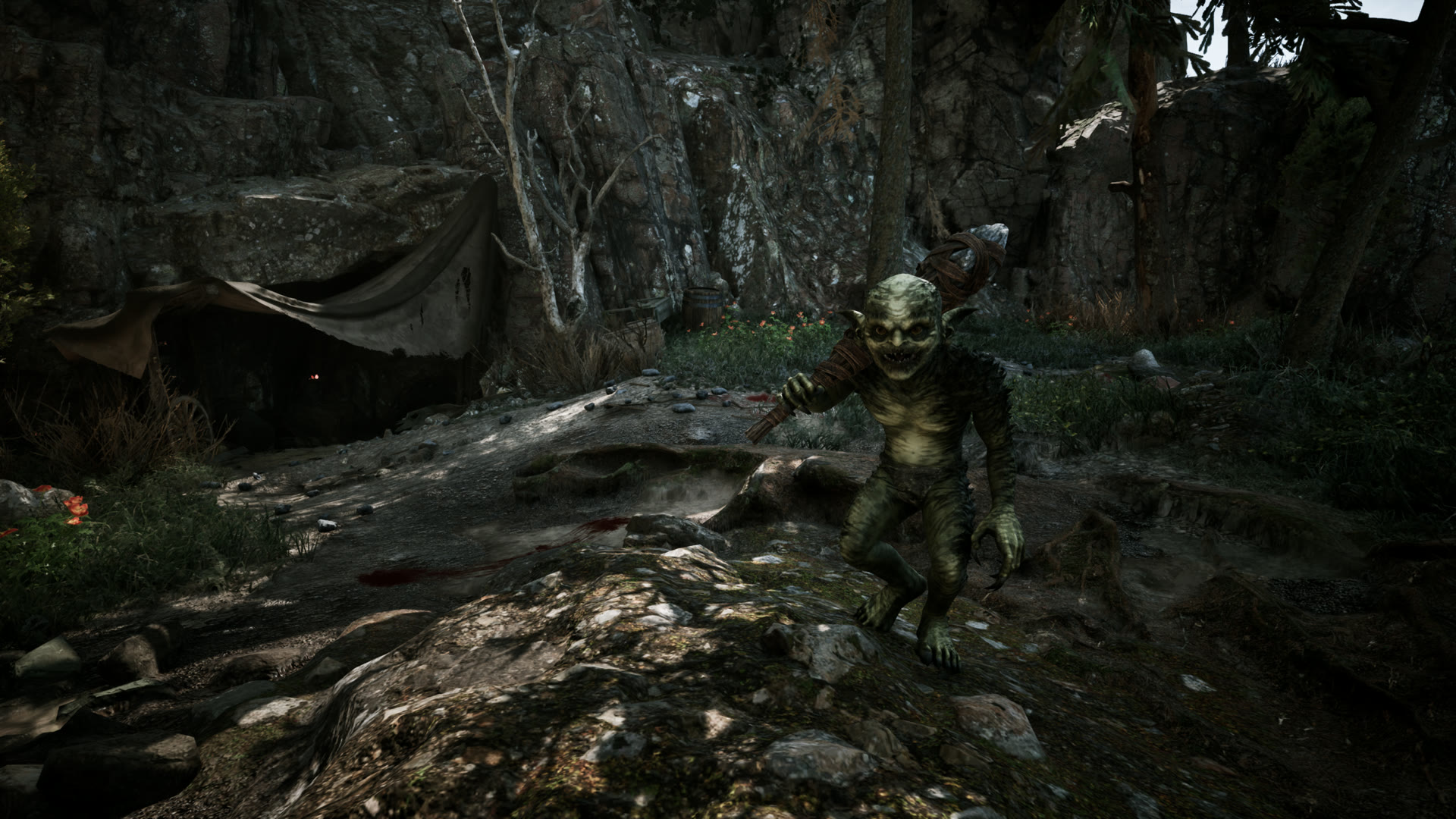 Gothic 1 Remake bestiary — a green-skinned goblin shoulders its club on a bloodstained rocky slope