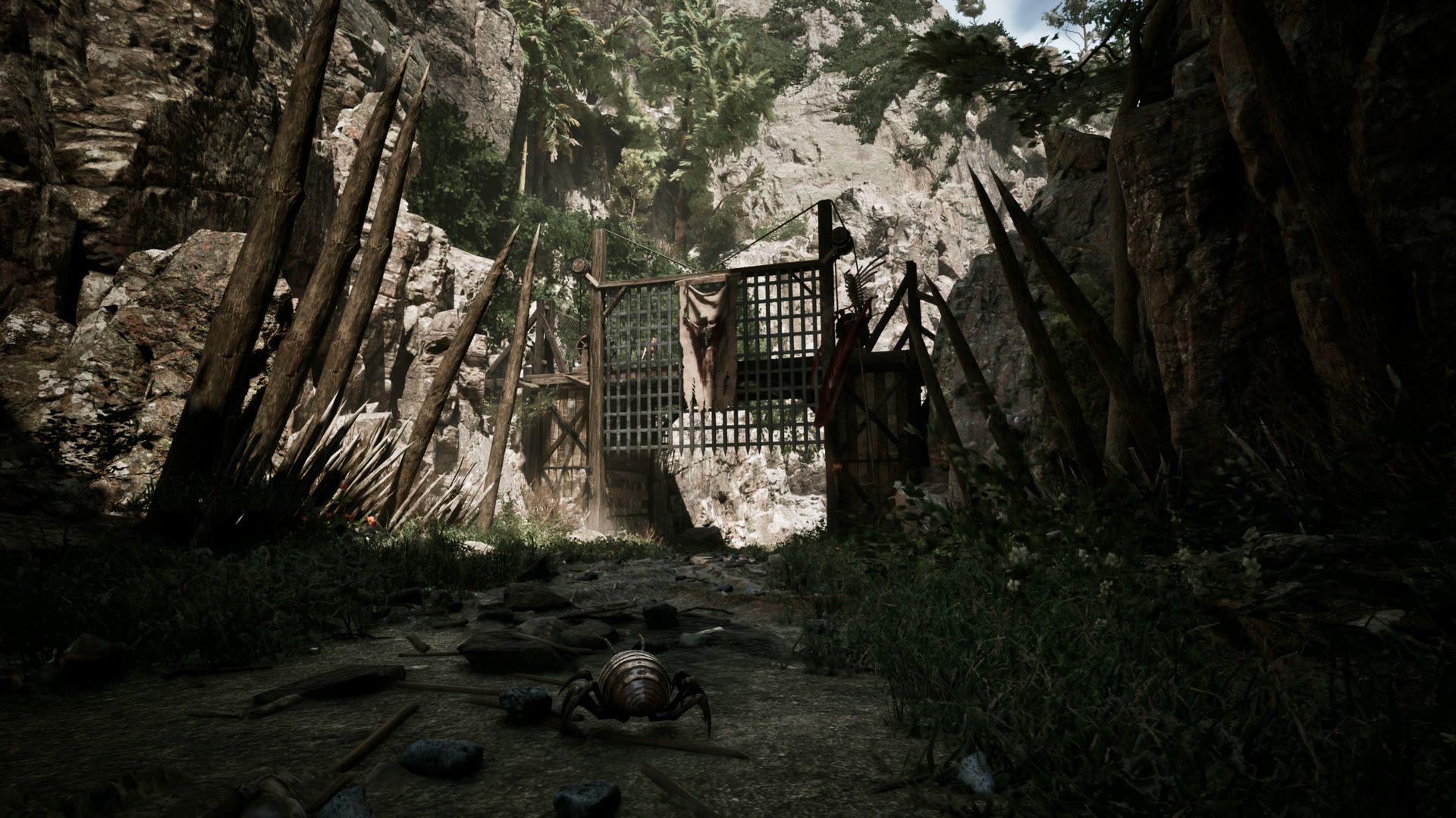 Gothic 1 Remake bestiary — a meatbug-like shelled creature sits before a spiked gorge gate