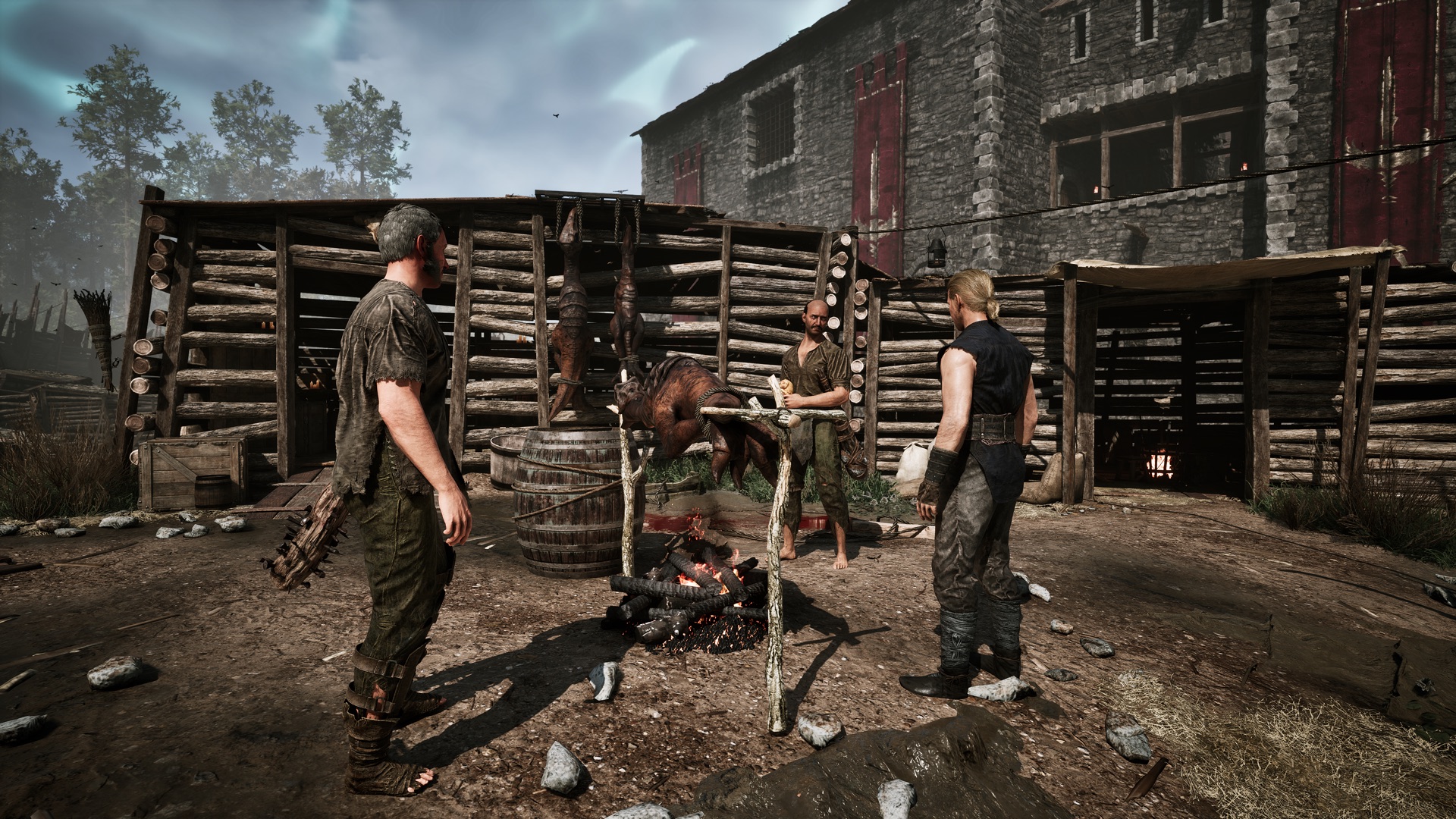 Gothic 1 Remake Cavalorn — hunters around a campfire roasting game on a spit outside log huts, the trade Cavalorn lives by