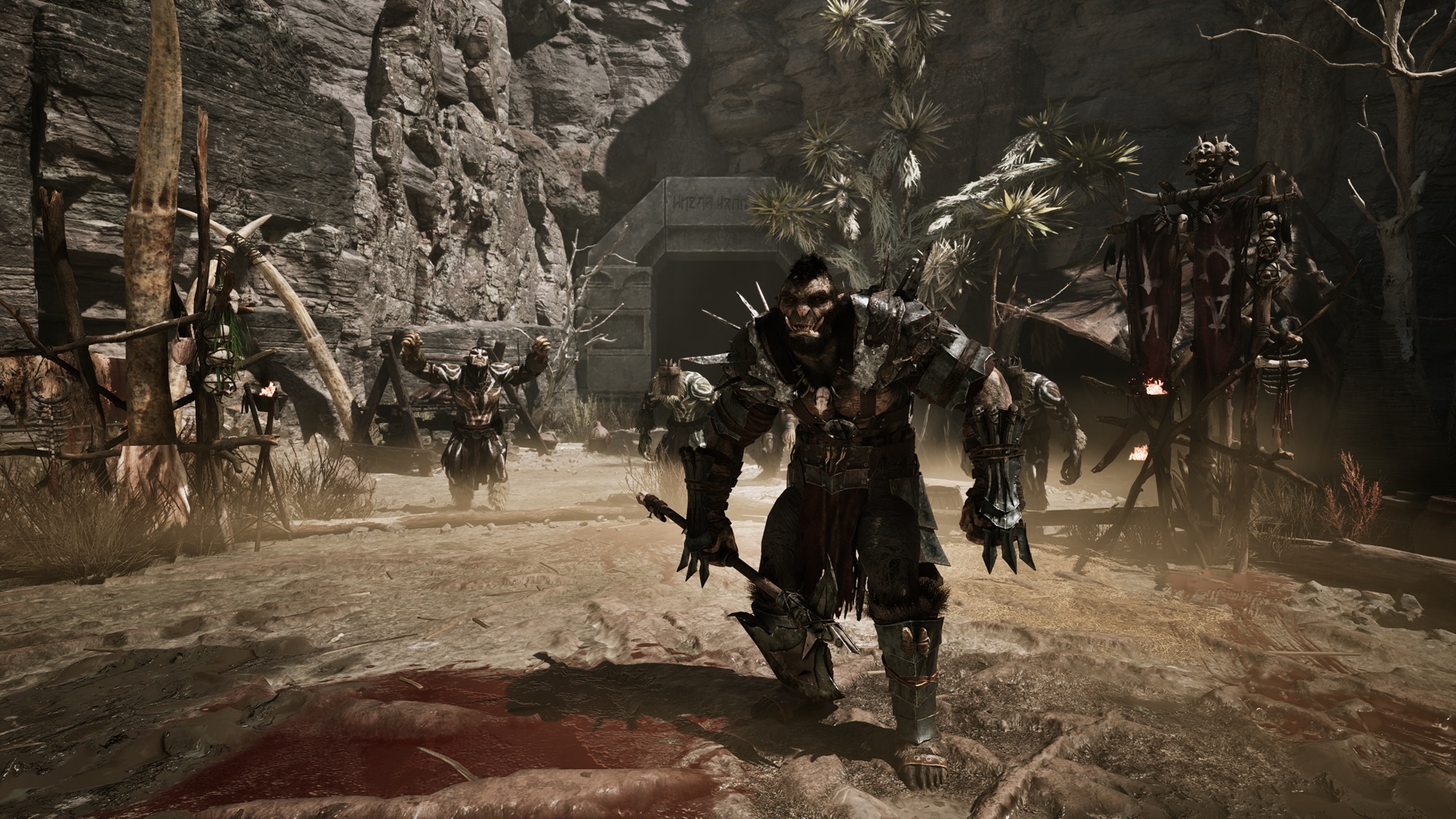 Gothic 1 Remake Cavalorn quest — orcs with axes in a dusty canyon camp before a tunnel entrance, the territory holding Bestiary III