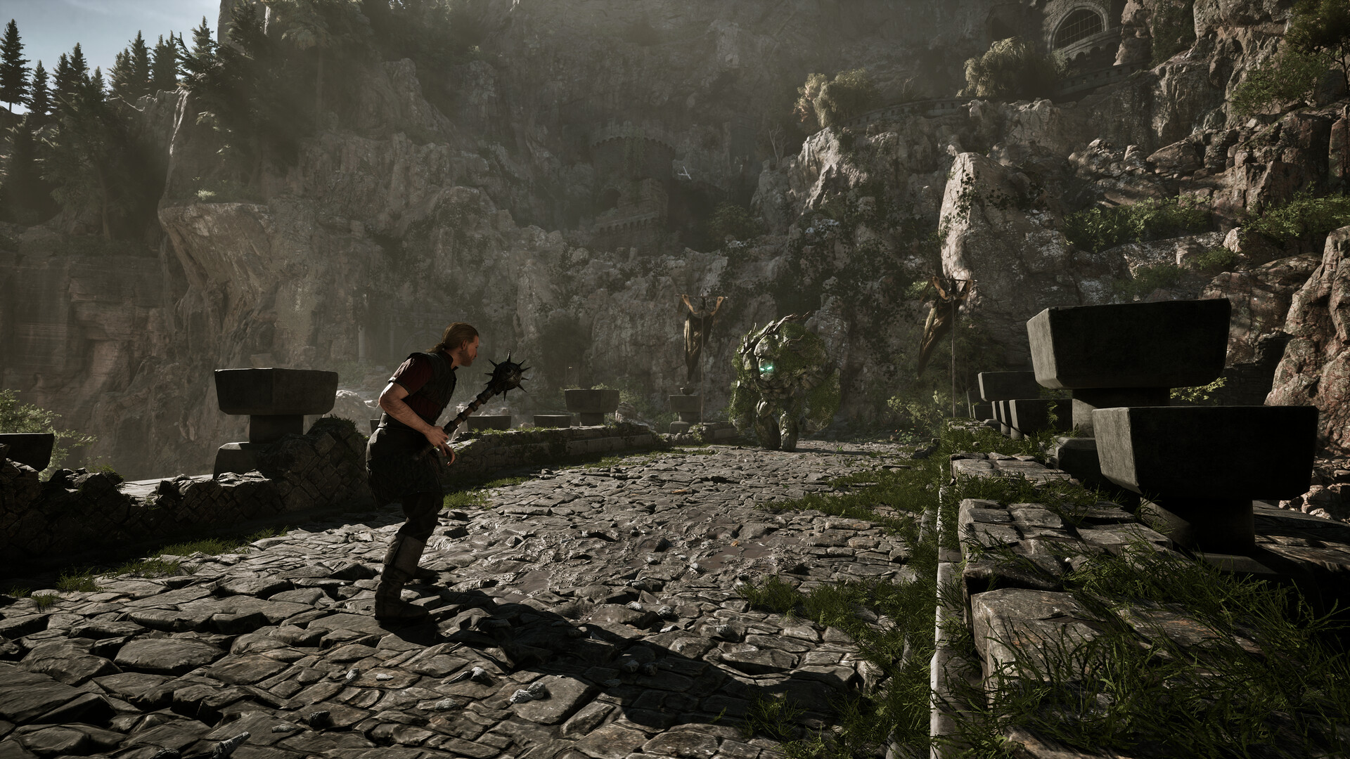 Gothic 1 Remake Guide — the hero raises a spiked mace against a hostile creature among ancient ruins