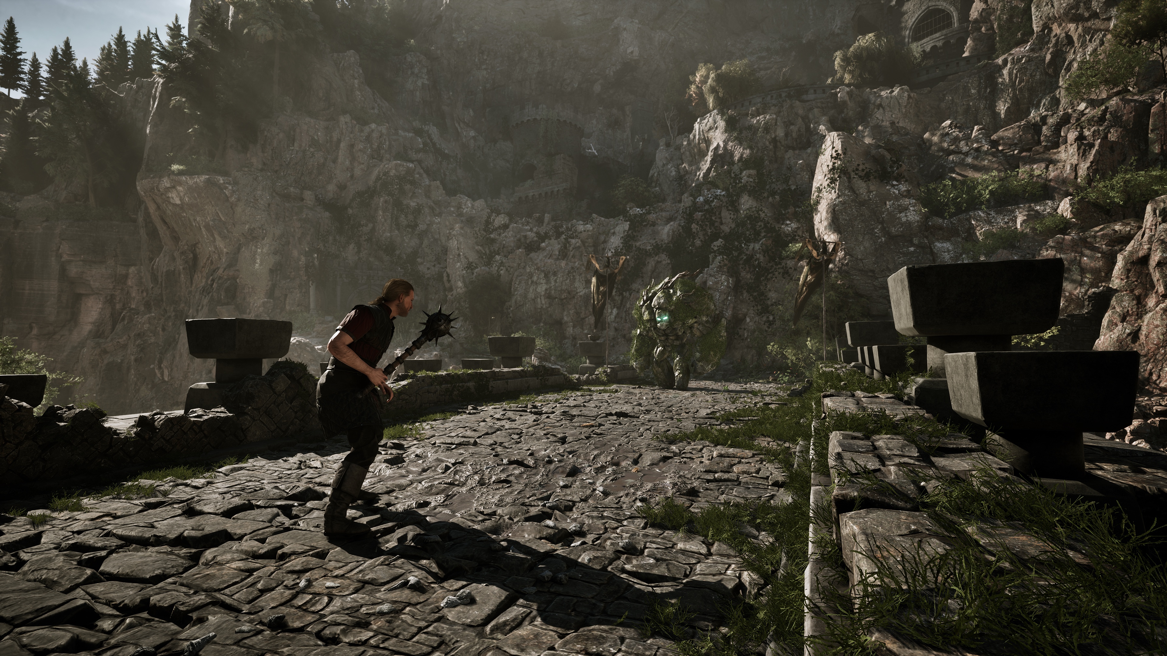 Gothic 1 Remake combat — a lone fighter with a mace faces a pack of green creatures across a ruined stone plaza