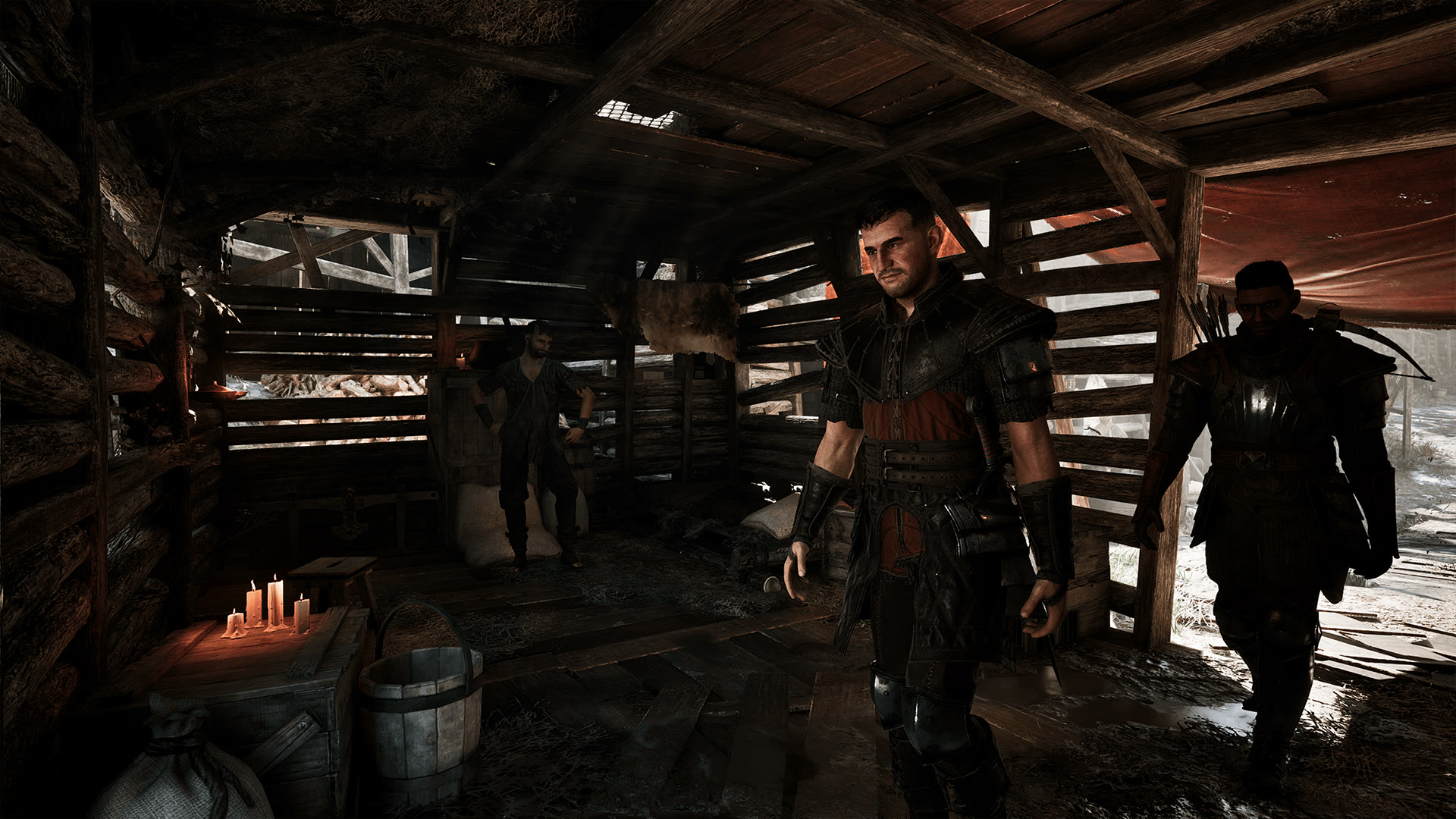 Gothic 1 Remake armor — an armored fighter in a camp barracks, the faction-set look you upgrade into