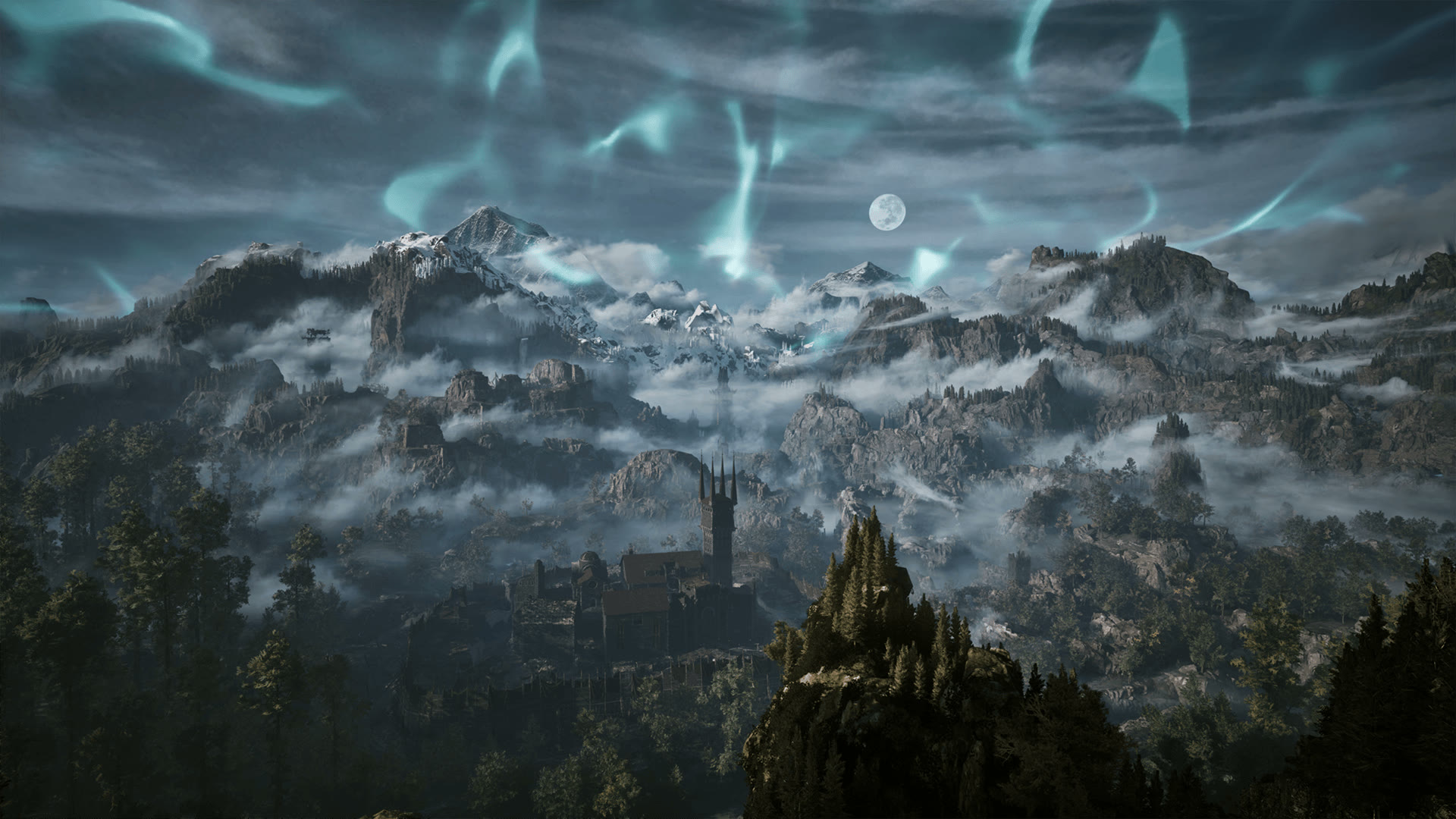 Gothic 1 Remake difficulty — an aerial view of the fog-bound colony valley sealed under the teal magic barrier