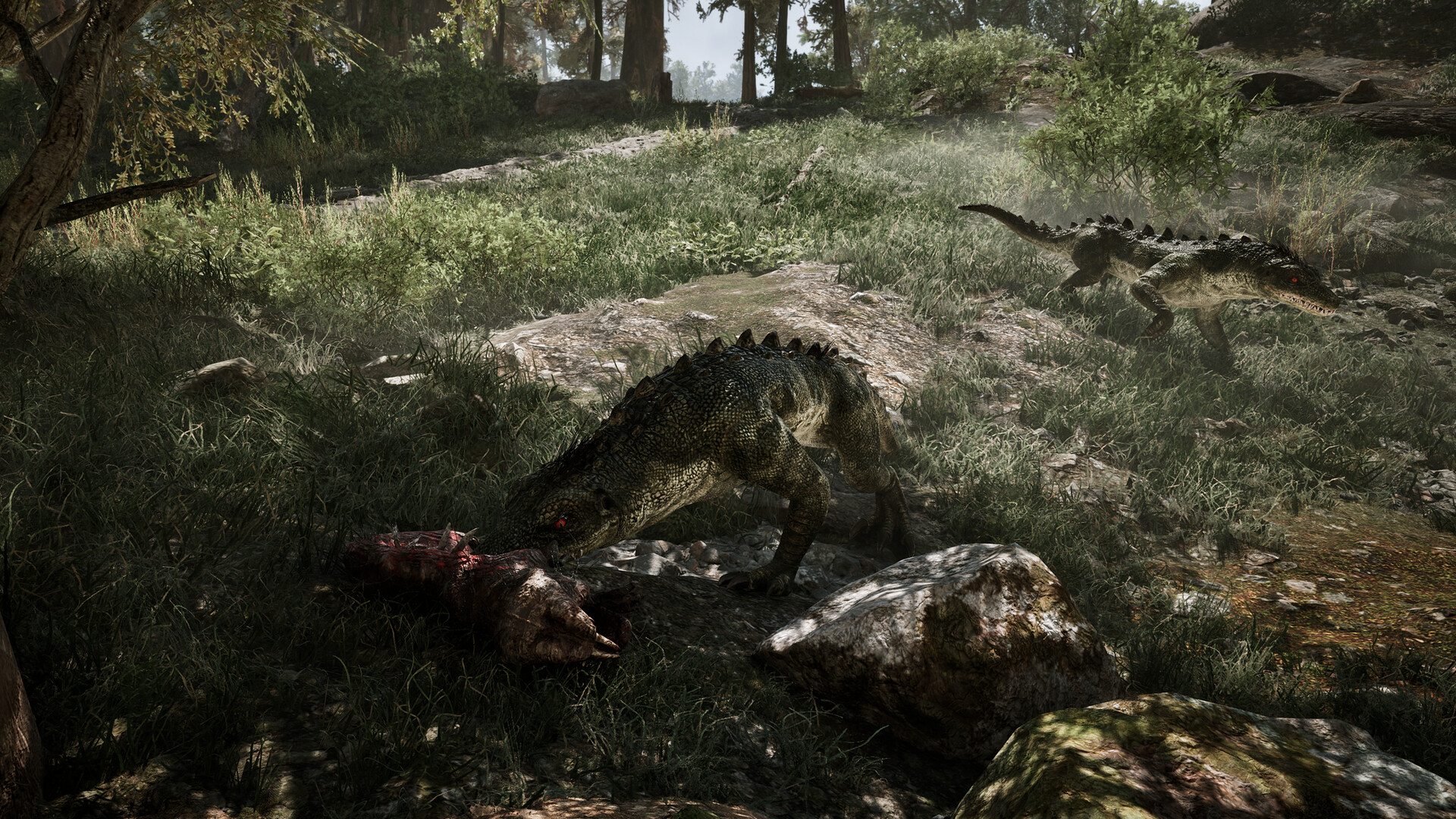 Gothic 1 Remake New Camp — reptilian scavengers over a carcass in the colony's grasslands, the deadly wildlife a New Camp archer kills from range