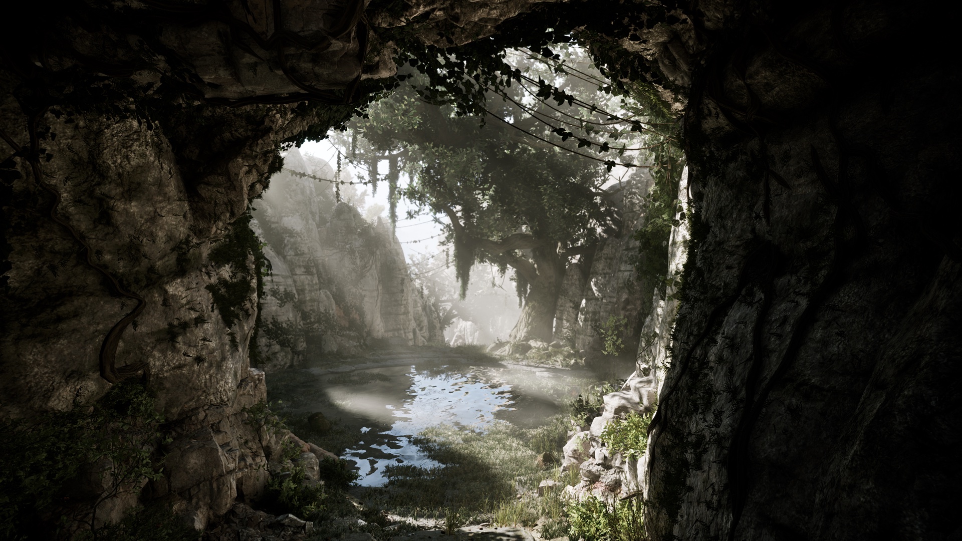 Gothic 1 Remake Bran route — a flooded cave passage with a water stream, the kind of submerged opening you follow the current through to reach Bran's cellar
