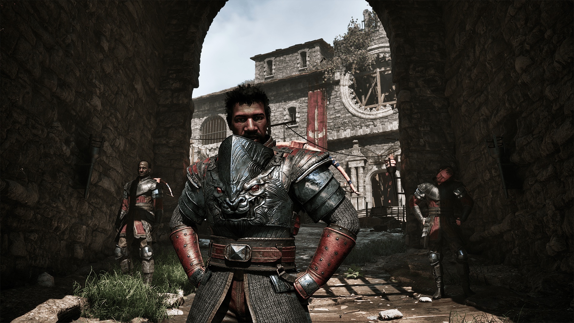 Gothic 1 Remake Mud guide — the Old Camp gateway and its armoured guards, where the follower NPC Mud waits to ambush you