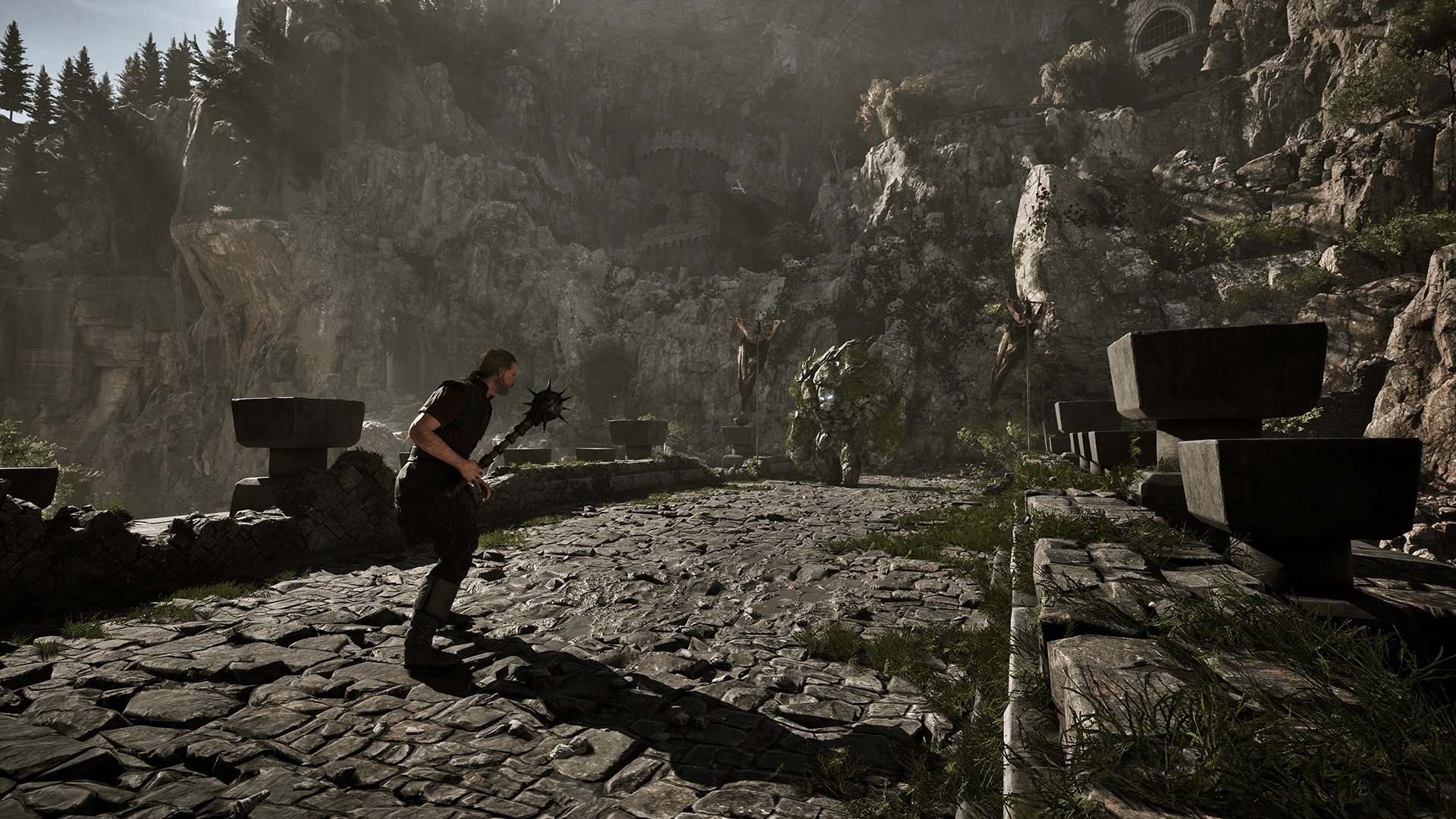 Gothic 1 Remake Wolf weapon trade — an armed fighter with drawn steel in a colony plaza, the kind of arms the New Camp bow merchant deals