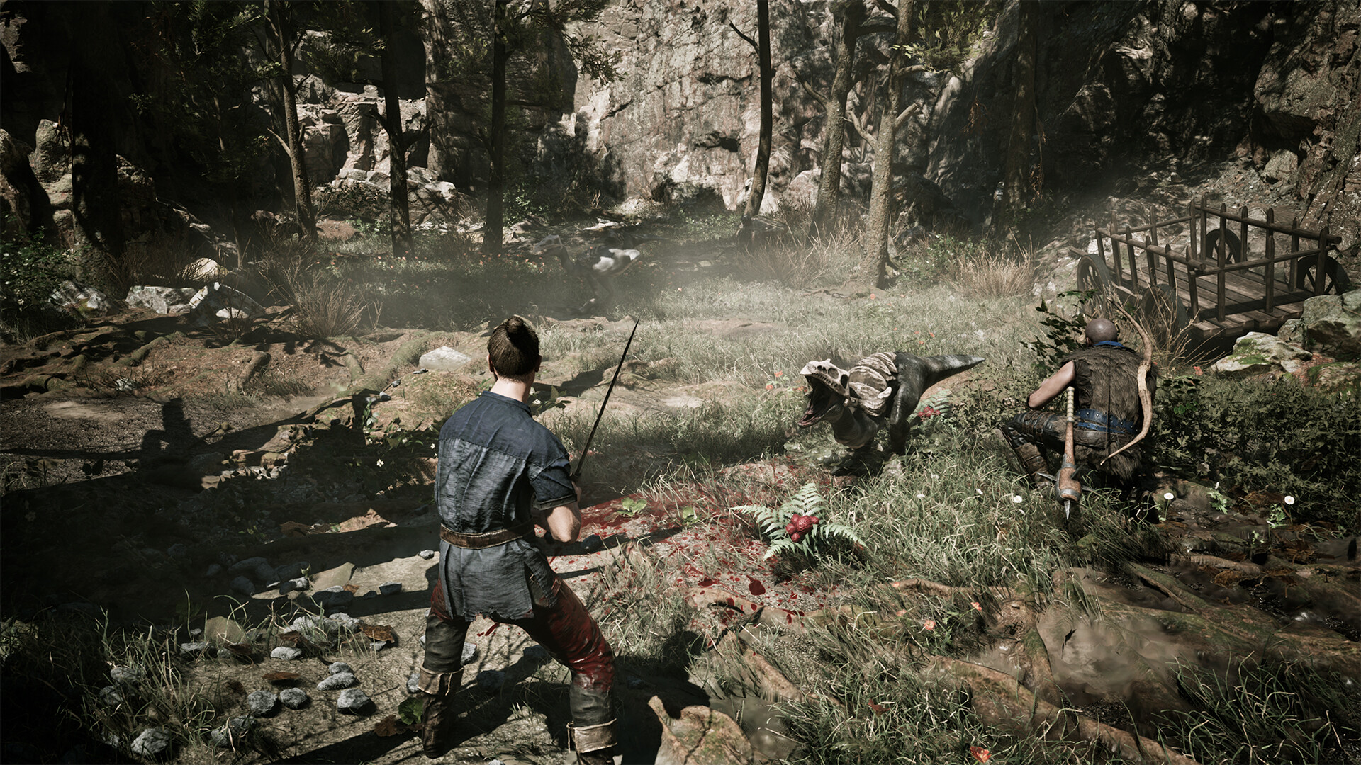 Gothic 1 Remake builds — a fighter braces a long weapon against a charging creature in a sunlit clearing