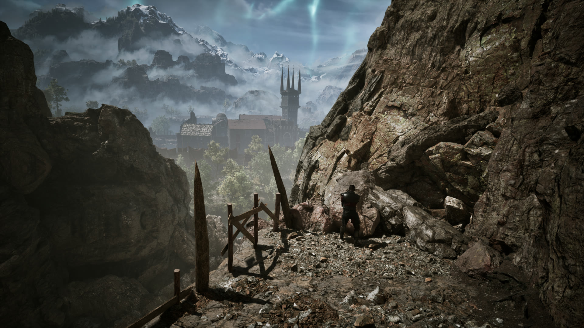 Gothic 1 Remake mining — the hero crosses the Valley of Mines toward a distant stronghold