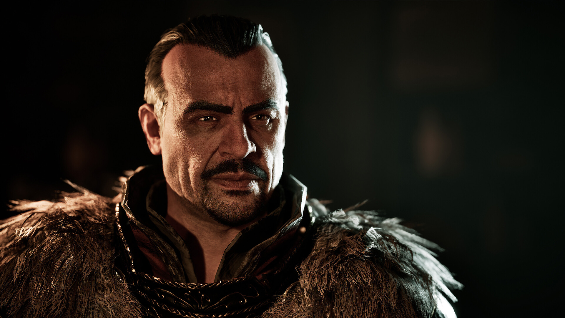 Gothic 1 Remake Old Camp — a man in fur-trimmed armour and a heavy gold chain, the wealth of the Ore Barons
