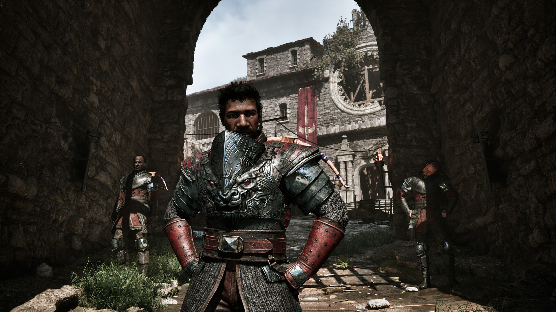 Gothic 1 Remake camp — a fighter in heavy ore-plate armour flanked by two guards inside the Old Camp stronghold