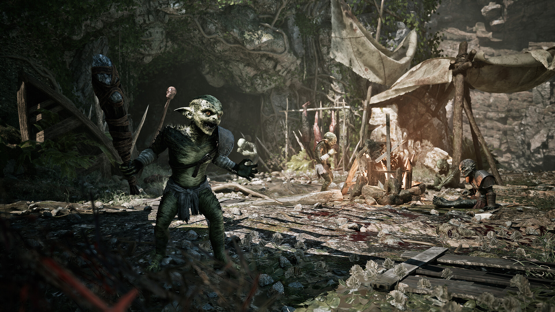 Gothic 1 Remake builds — a green-skinned orc raises a heavy two-handed club in an overgrown camp