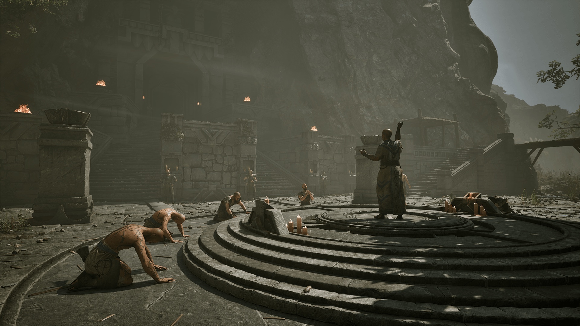 Gothic 1 Remake alchemy — the Swamp Camp temple interior, where the Brotherhood's master alchemists Cor Kalom and Baal Cadar teach